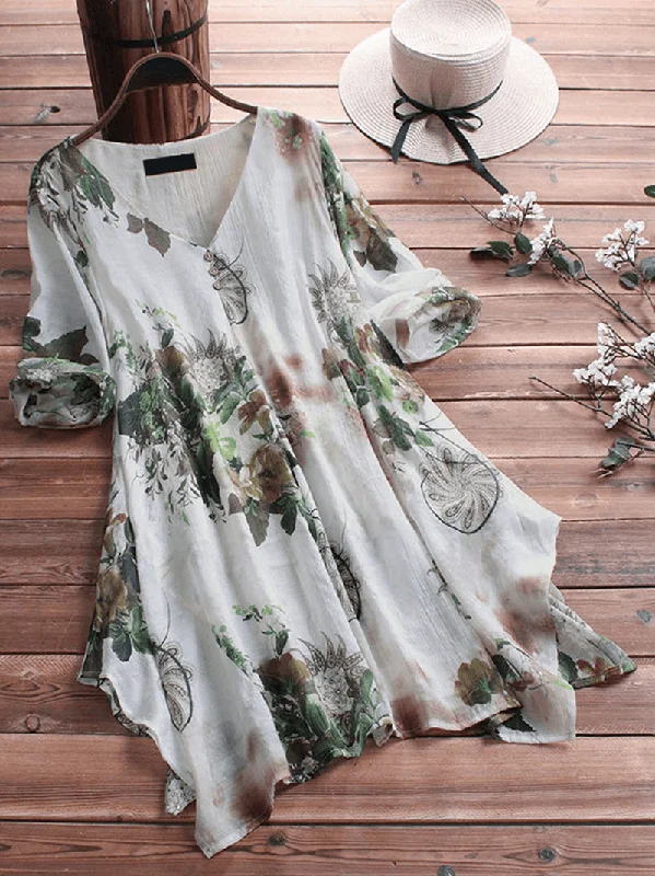 Women's Floral Printed Asymmetric Hem Blouse - Loose Fit, Retro StyleYoga Shirts