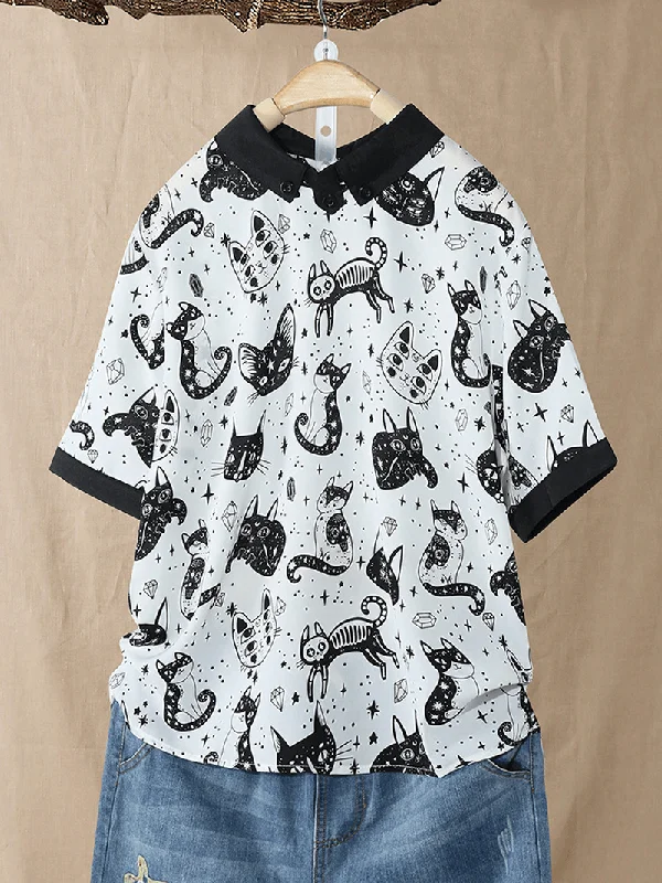 Cold Shoulder Cat Print BlouseLongline Shirts