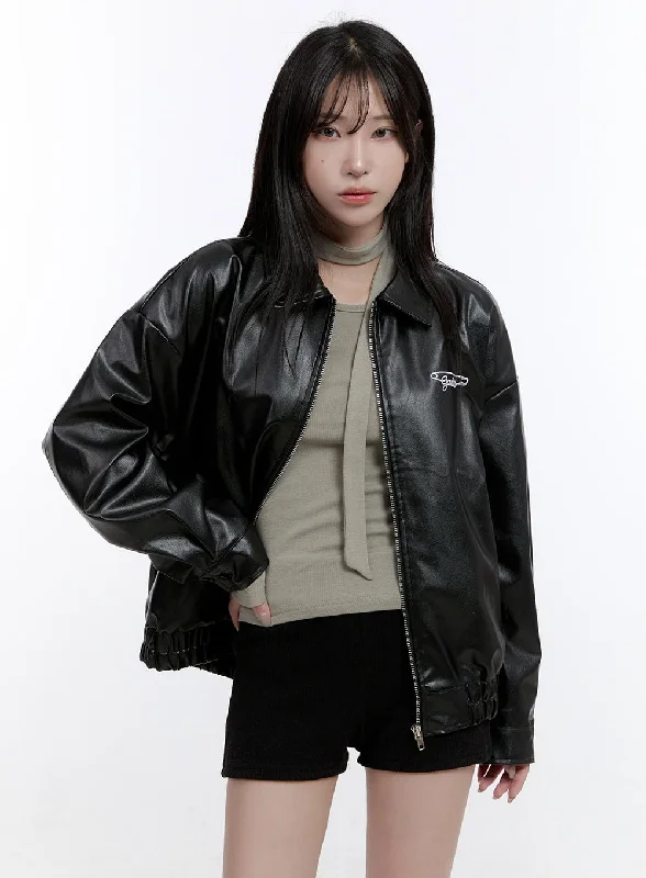 Work JacketsEmbroidered Zip-Up Faux Leather Jacket CO418