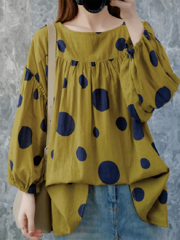 Women Vintage Polka Dot Print Puff Sleeve Loose Pleated BlouseFloral Shirts