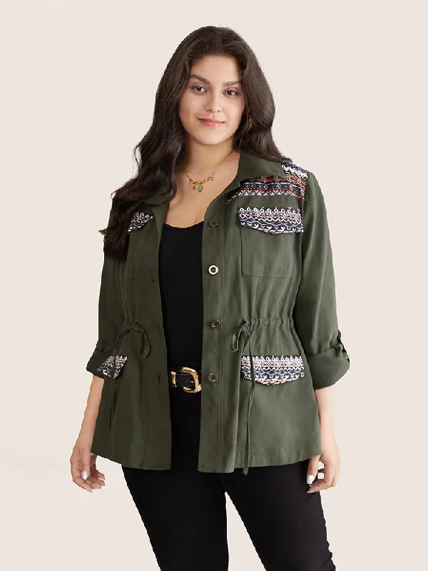 Bomber JacketsBandana Geometric Tab Sleeve Drawstring Jacket