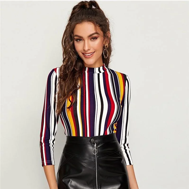 Colorful striped top blouse elegantLeather-Paneled Shirts