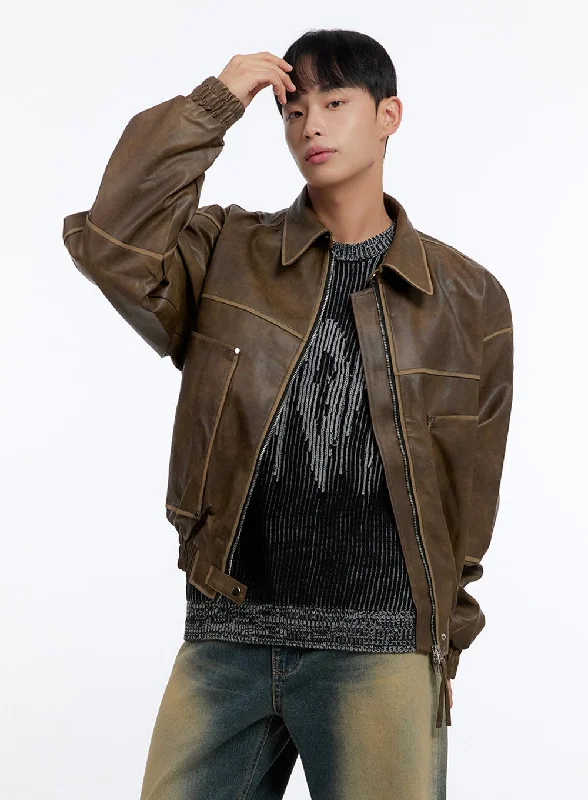 Urban JacketsMen's Washed Vintage Zip-Up Leather Jacket IS413