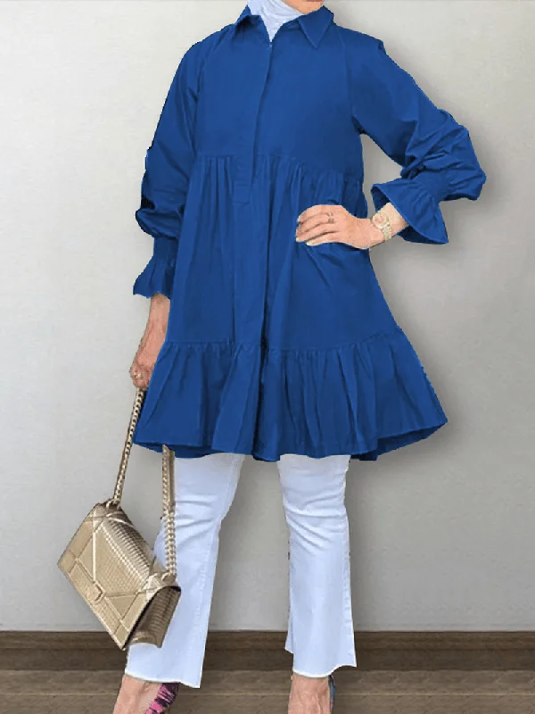 Women Half Button Lapel Tiered Ruffle Sleeve Solid Casual BlousesPrinted Shirts