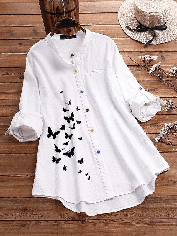 Butterfly Print Button Causal Shirts BlouseSatin Shirts