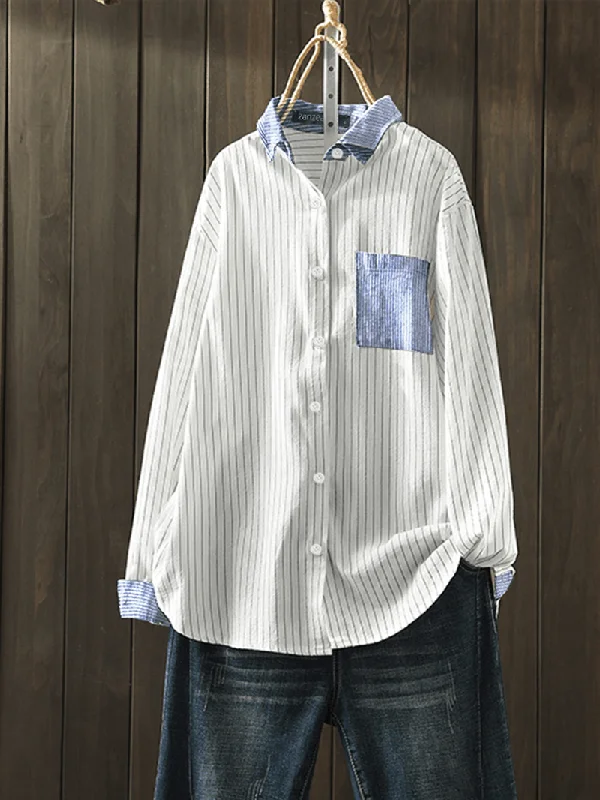 Women Cotton Stripe Print Patchwork Simple Daily Casual ShirtsLinen Shirts