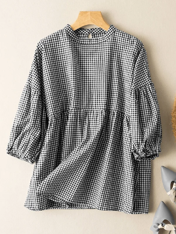 Women Plaid Printed Pleats O-Neck Butterfly Knot Drawstring Loose ShirtsPolka Dot Shirts