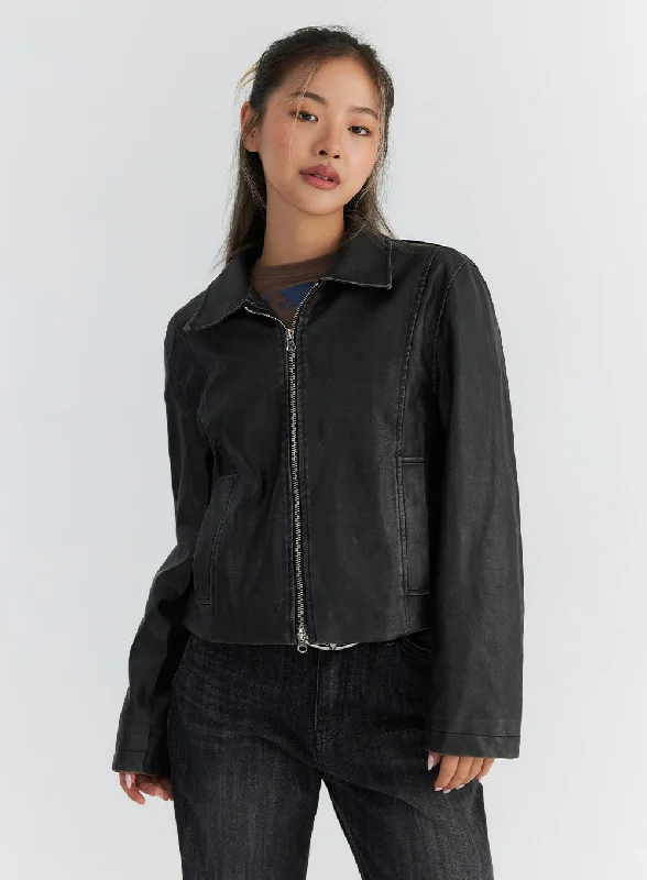 Layered JacketsFaux Leather Zip-Up Jacket CO310