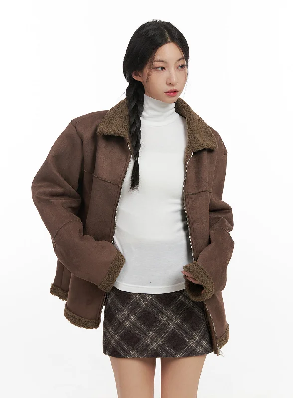 Button-Up JacketsZip Up Solid Jacket in Mouton Suede CN428