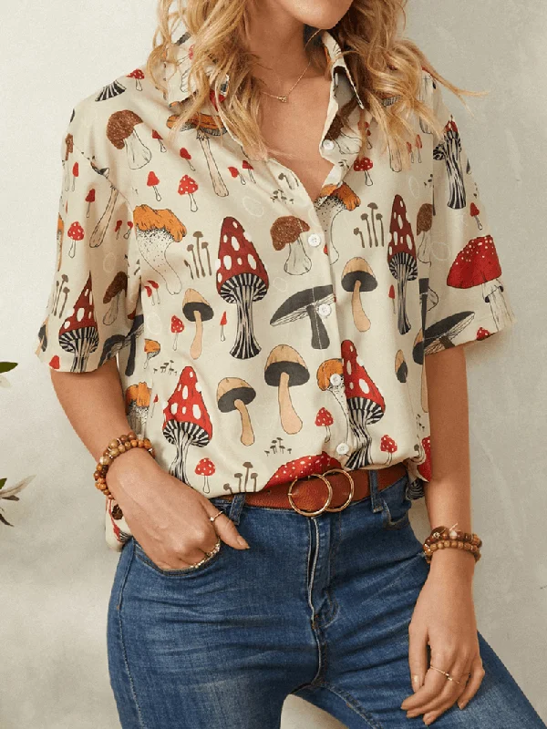 Casual Mushroom Print Lapel Collar Half Sleeve Button Blouse for WomenFringed Shirts