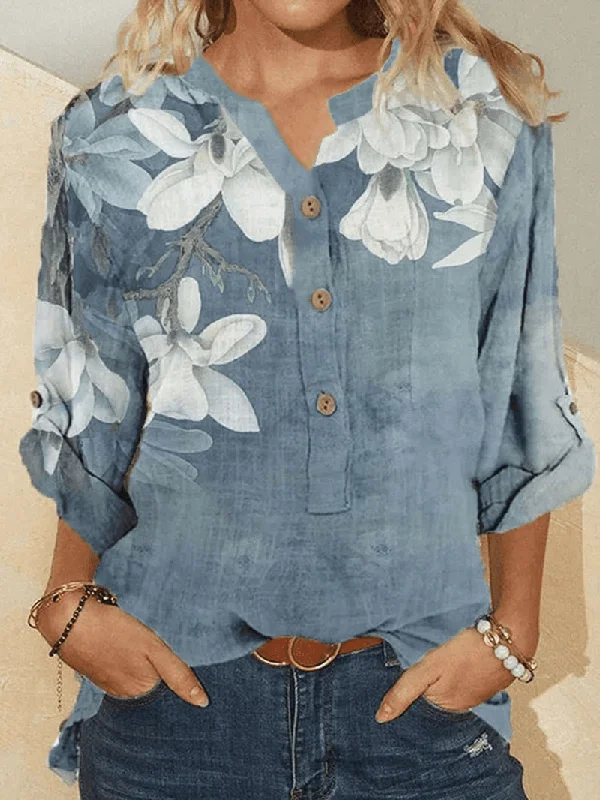 Women Cotton Floral Embroidery Casual Stand Collar ShirtOrganic Cotton Shirts