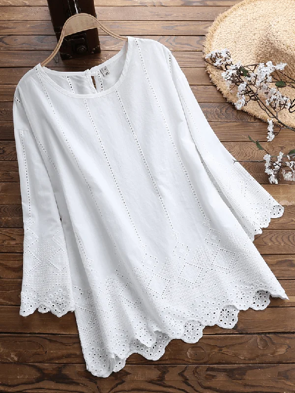 Women Casual Loose Solid Embroidered BlouseOversized Shirts