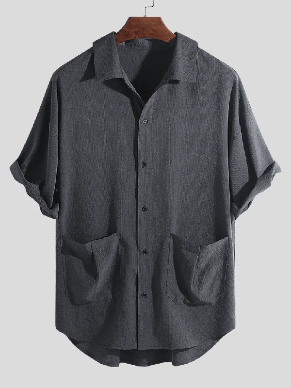 Men Dual Pockets Turn down Collar Half Sleeve ShirtsHunting Shirts