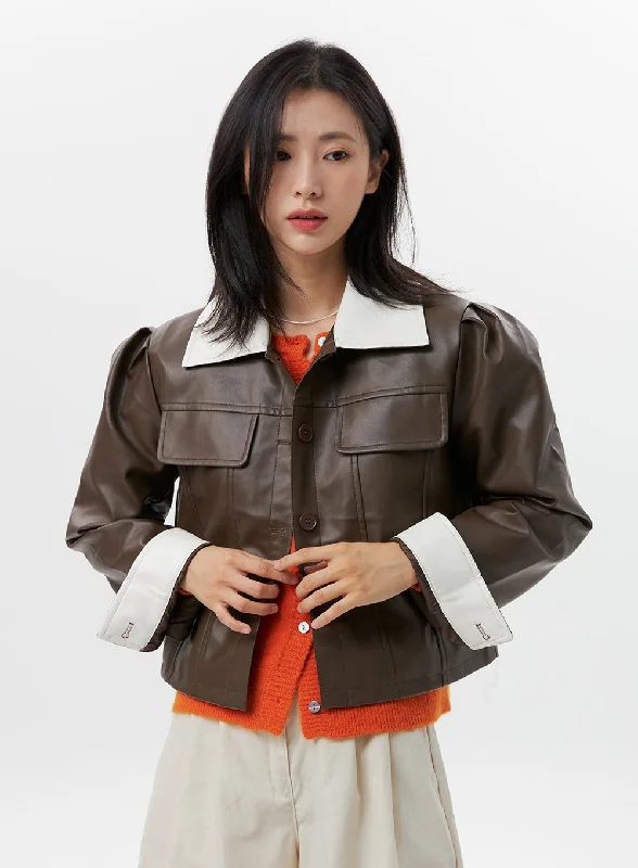 Rain JacketsFaux Leather Color-Block Jacket OG318