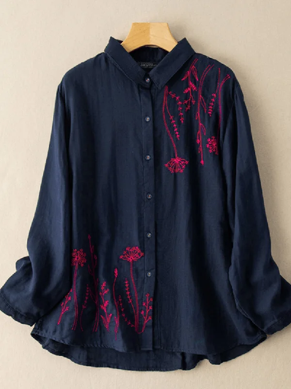 Women Puff Sleeve Flowers Printed Embroidery Button Stand Collar ShirtHiking Shirts