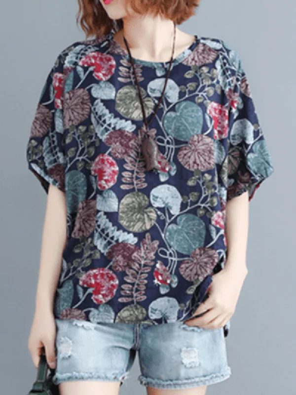 Women Plant Leaf Print round Neck Casual Relaxed Half Sleeve BlousesRunning Shirts