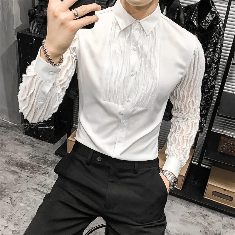 Hollow Lace Stitching Korean Style Slim ShirtLuxury Shirts