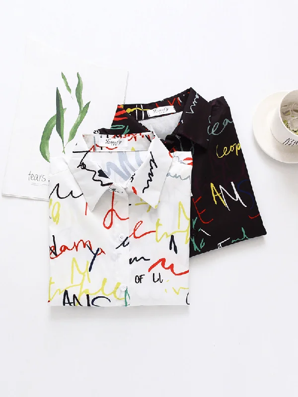 Alphabet Graffiti Print Fashion Loose Daily Casual ShirtsSheer Shirts