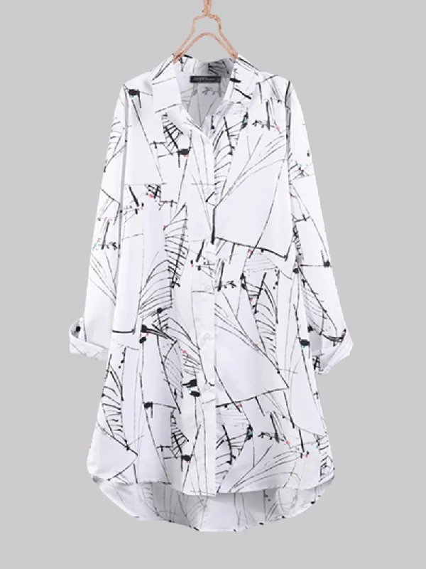 Women Floral Print Turn-Down Collar Irregular Hem Button BlouseFormal Shirts