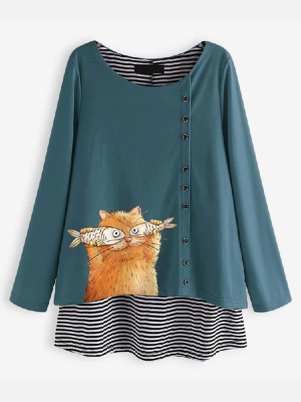 Cartoon Cat Stripe BlouseLayered Shirts