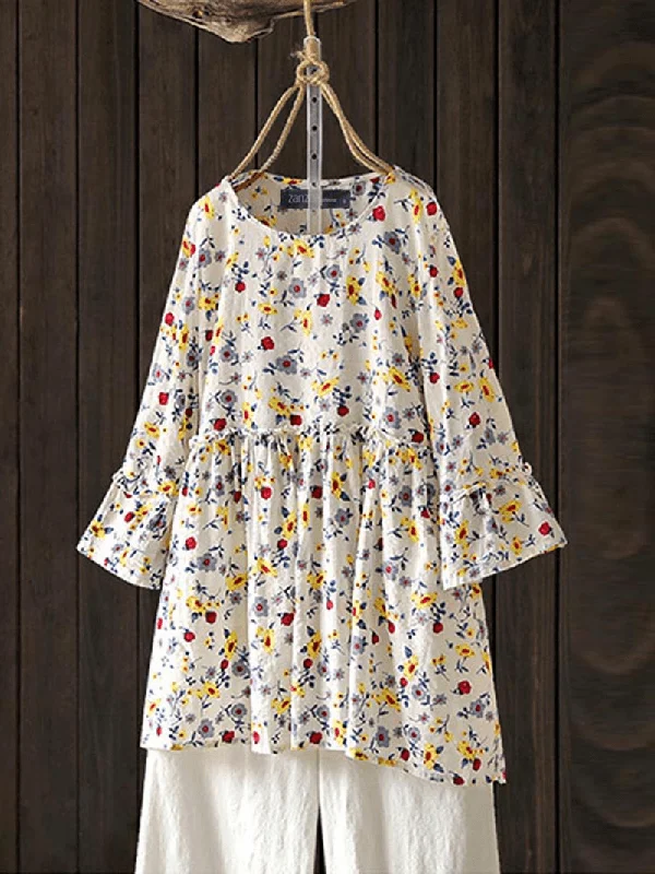 Women Casual Floral Printed O-Neck 3/4 Flare Sleeve BlouseCotton Shirts