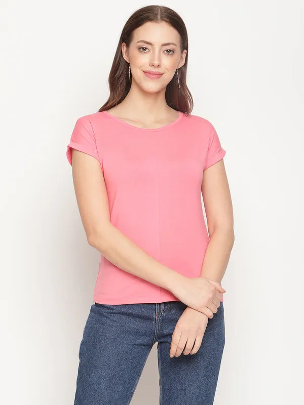 Festival T-ShirtsMettle Women Pink Solid Cotton T-Shirt