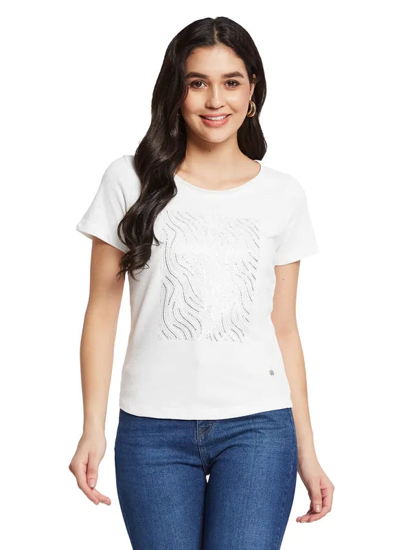 Printed T-ShirtsMettle Women Round Neck Embellished T-Shirt