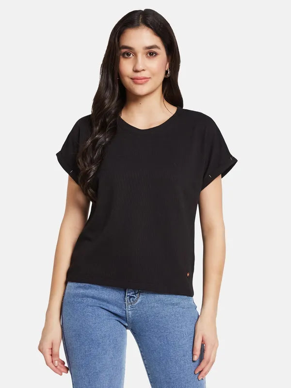 French Terry T-ShirtsMettle Women Round Neck Solid T-Shirt