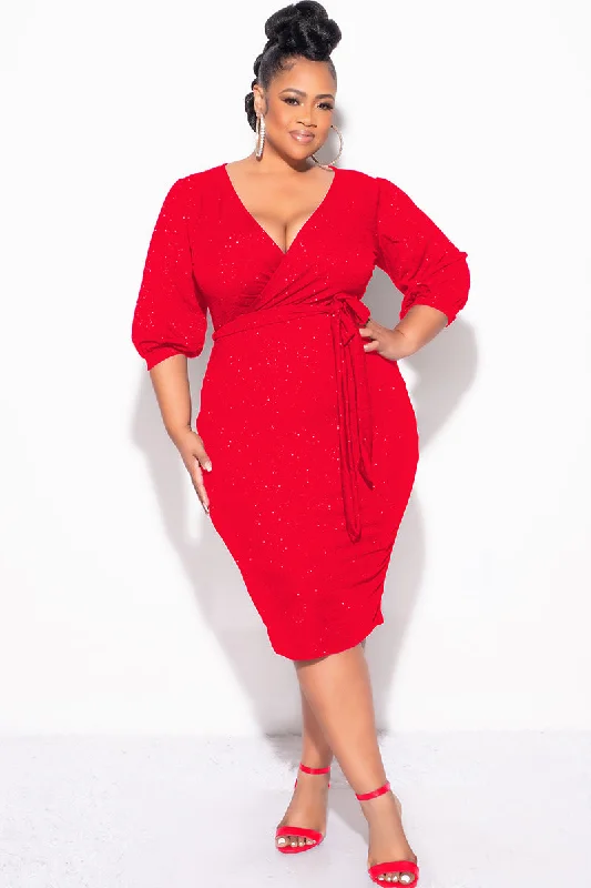 Final Sale Plus Size Faux Wrap BodyCon Dress with Waist Tie in Red GlitterPlus size women's casual tops