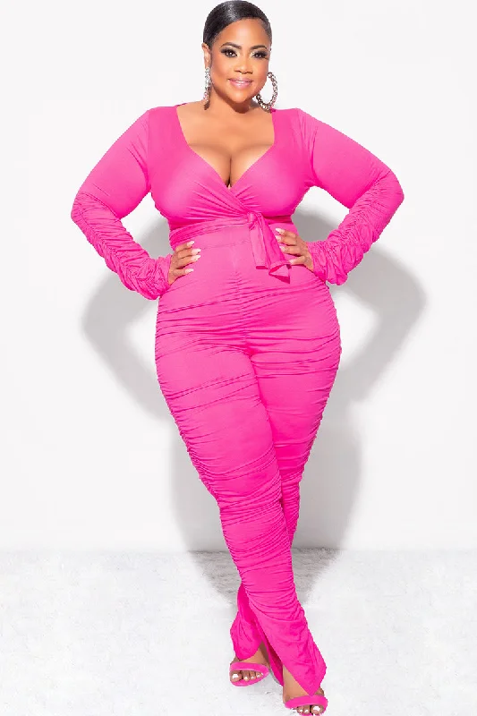 Final Sale Plus Size Ruched 2pc Faux Wrap Tie Top and Pants in Fuchsia PinkLarge women's loose tops