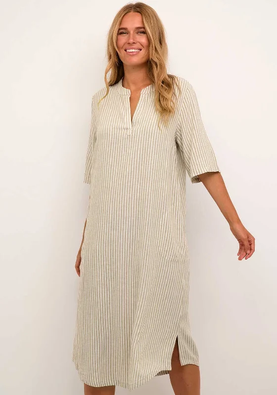 Kaffe Milia Kaftan Striped Linen Blend Midi Dress, Chinchilla