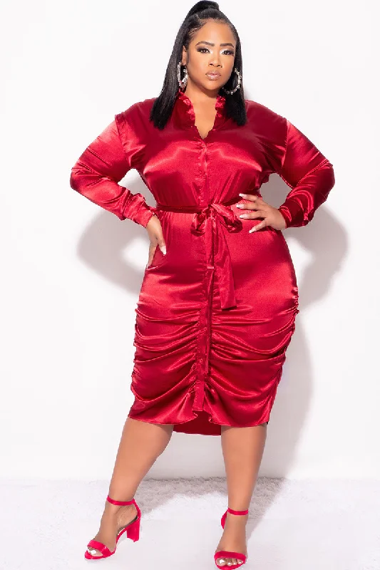 Final Sale Plus Size Satin Collar Button Up Dress with Attached Belt and Ruched Bottom in BurgundyLarge women's long tops