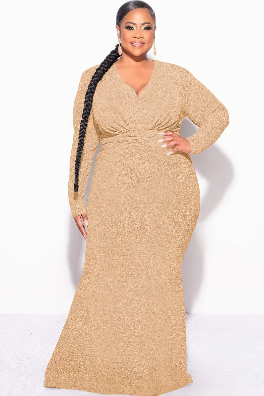 Final Sale Plus Size V-Neck Gown with Twisted Waist Band in Gold Foil FabricLarge women's stretch tops