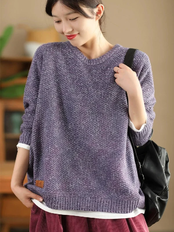 Women Vintage Autumn Solid O-Neck Loose Knit SweaterV-Neck Knit Tops