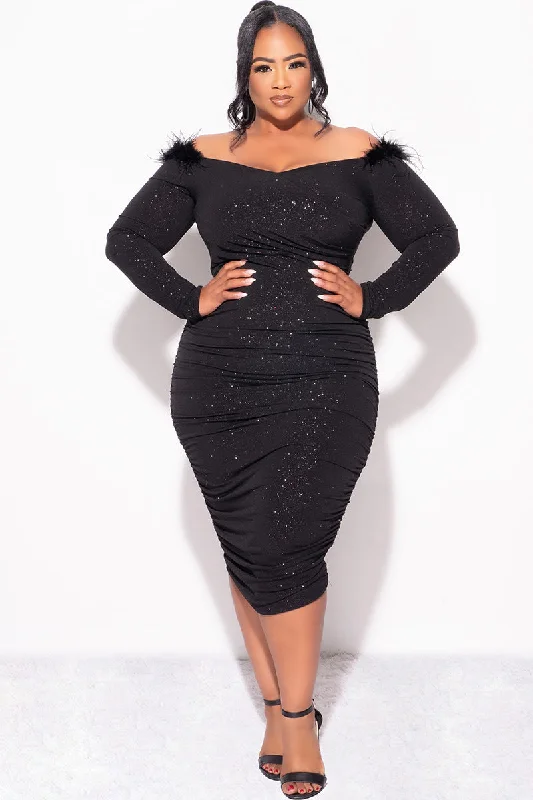 Final Sale Plus Size Shimmer Ruched Dress with Feather Trim in BlackPlus size women's ruffle tops