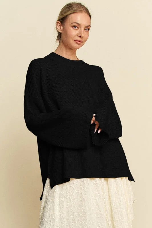 Black High-Low Round Neck Drop Shoulder SweaterColorblock Knit Tops