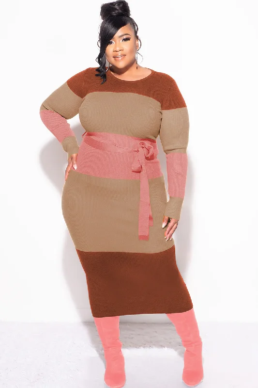 Final Sale Plus Size Ribbed Midi Sweater Dress in Brown, Tan & MauveLarge women's zipper tops