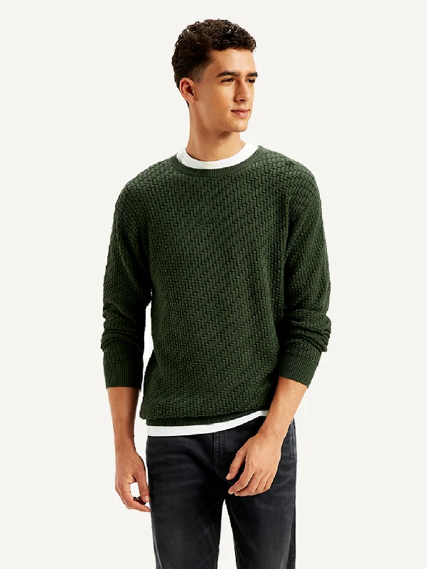 Men's Textured Olive Crew Neck SweaterFishing Knit Tops