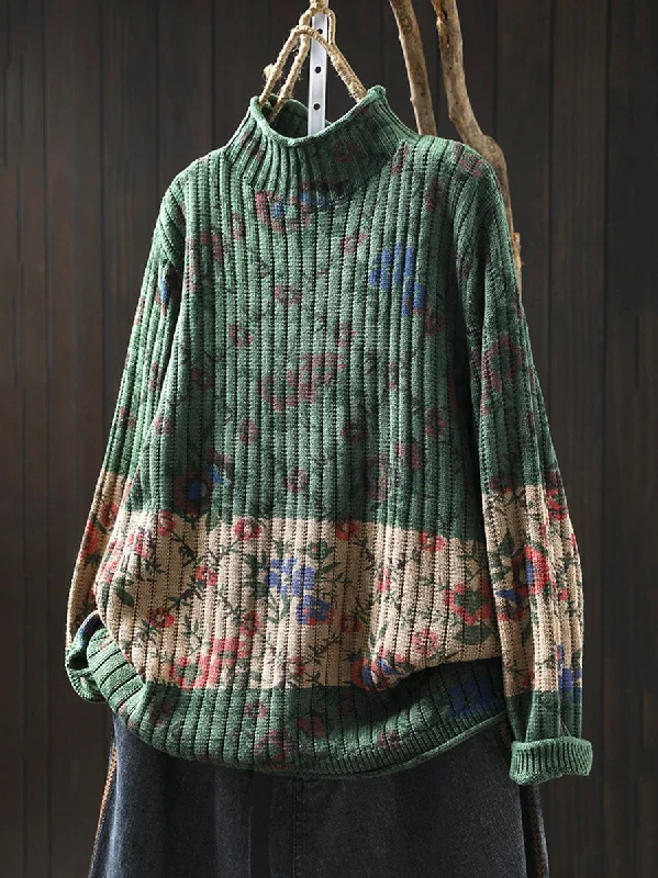 Women Autumn Artsy Floral Colorblock Half-Turtleneck SweaterWinter Knit Tops