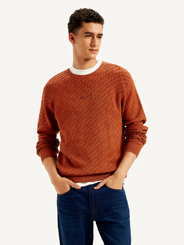 Men's Textured Rust Crew Neck SweaterStreetwear Knit Tops