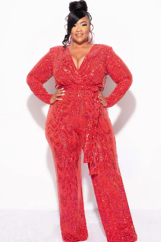 Final Sale Plus Size Long Sleeve Faux Sequin Wrap Jumpsuit with Attached Tie in RedPlus size women's street style tops