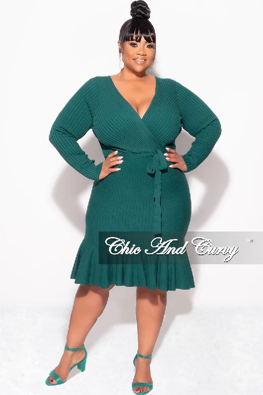 Final Sale Plus Size Faux Wrap Ribbed BodyCon Dress with Waist Tie and Bottom Ruffle in GreenWomen's fleece tops