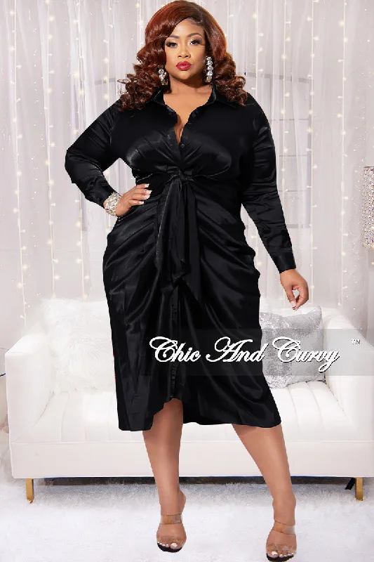 Final Sale Plus Size Satin Collar Button Up Dress with Waist Tie and Ruched Bottom in BlackKnitted 