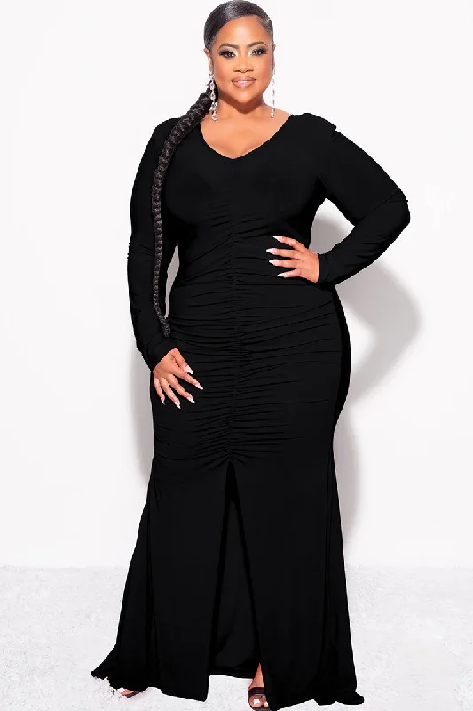 Final Sale Plus Size V-Neck Gown with Center Ruching and Slit in BlackPlus size women's bohemian tops