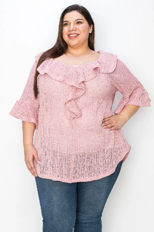 Light Rose Pink Lightweight Sweatery Fabric Ruffle Neck Tunic Shirt TopFishing Knit Tops