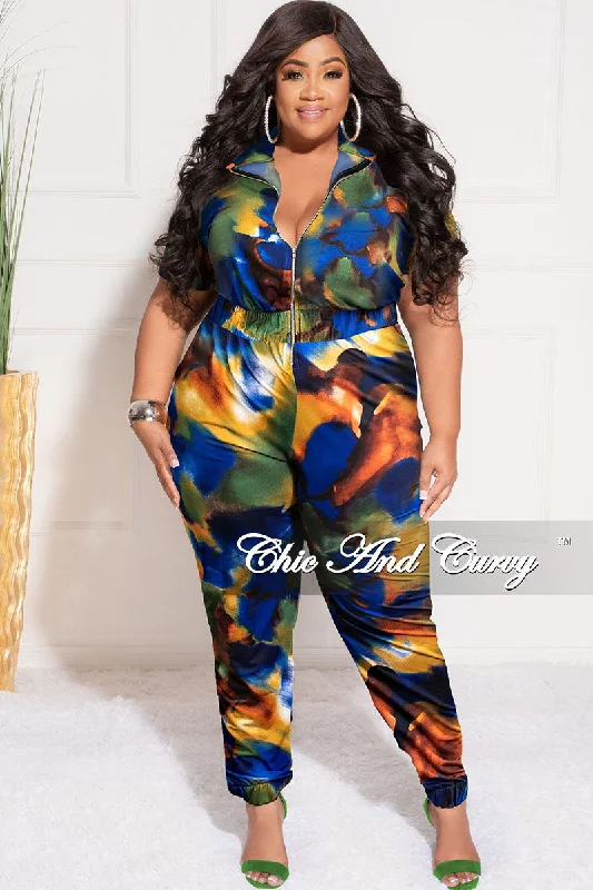 Final Sale Plus Size Zip Pocket Jumpsuit in Royal Blue Multi-Color PrintPlus size women's turtleneck tops