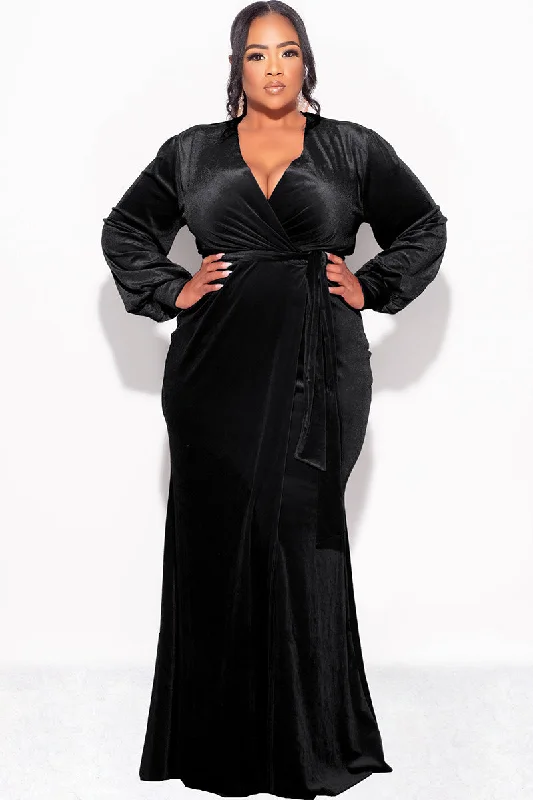 Final Sale Plus Size Faux Wrap Gown with Tie Belt in Black VelvetKnitted 