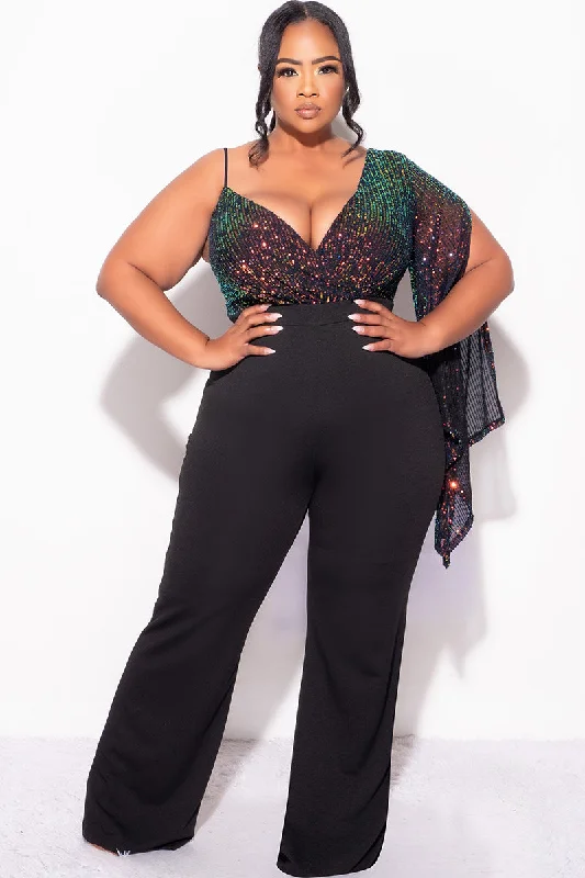 Final Sale Plus Size Multi Color Sequin Faux Wrap One Shoulder Jumpsuit with Slit Sleeve in BlackPlus size women's casual tops