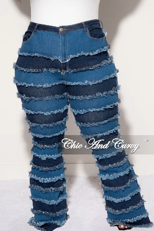 Final Sale Plus Size Patchwork Frayed Flare Jeans in Denim Kim LCHWomen's thin tops