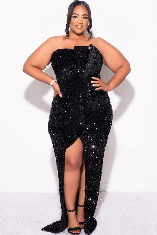 Final Sale Plus Size Strapless Pleated Ruffle Velvet & Sequin Gown with Front Slit in BlackPlus size women's lace tops